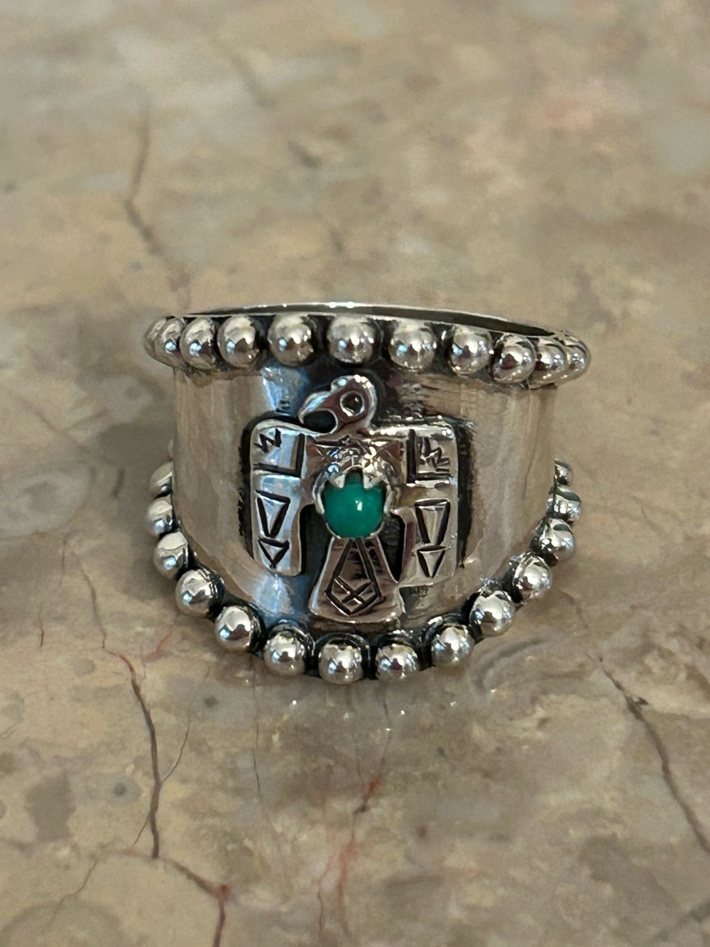 Southwest Native American Thunderbird Turquoise Studded Sterling Silver Ring